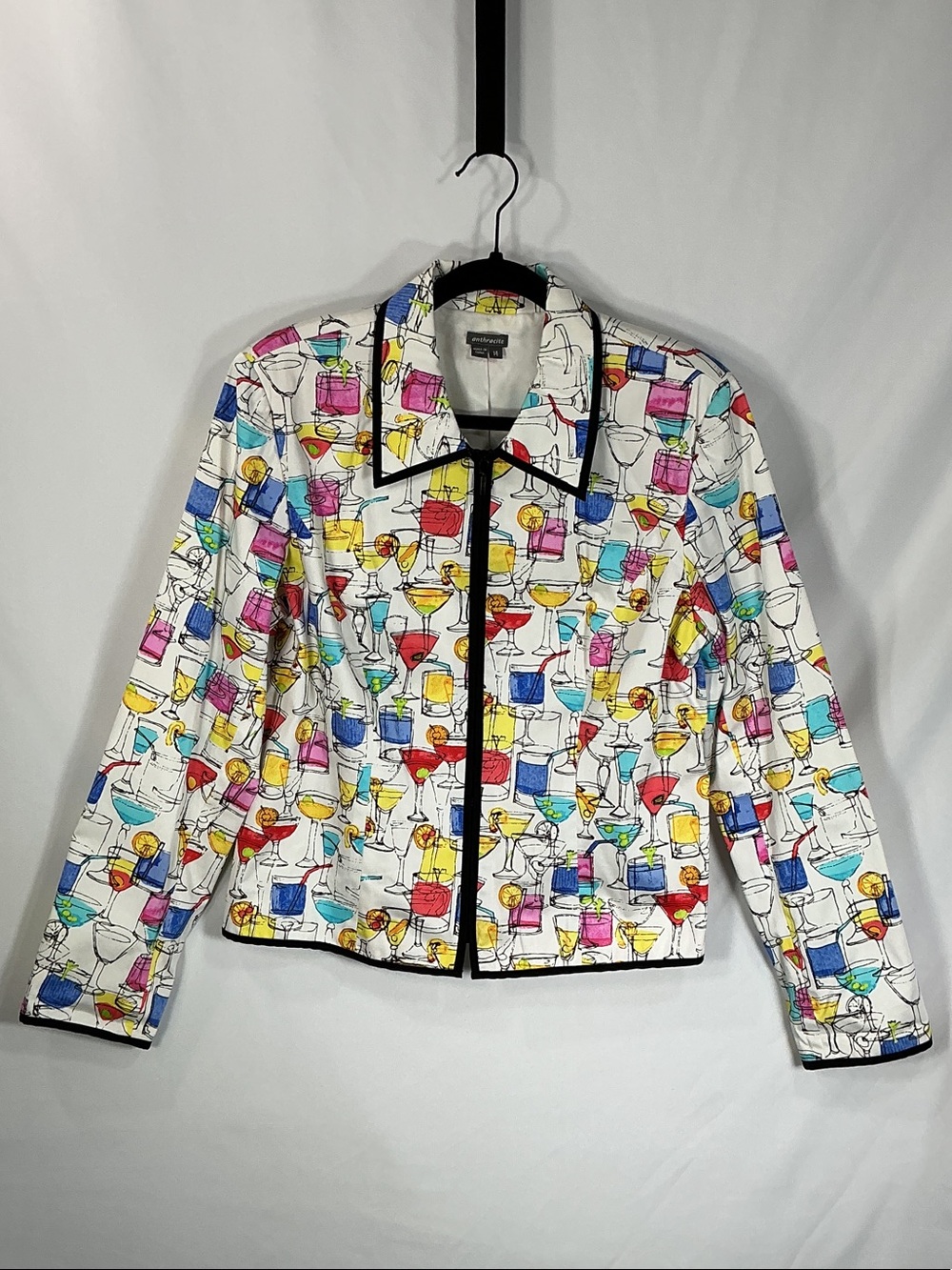 Anthracite Vintage Novelty Print Barware Cocktail Jacket Blazer Large Sz 14 Y2K